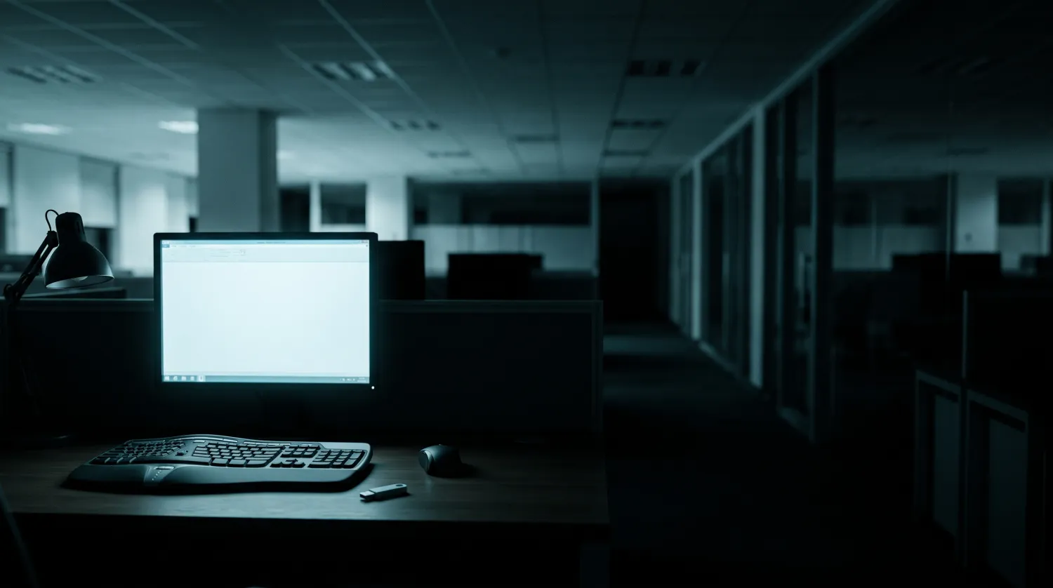 Ciemne biuro nocą, jedno stanowisko oświetlone wyłącznie blaskiem monitora, obok klawiatury leży pamięć USB
