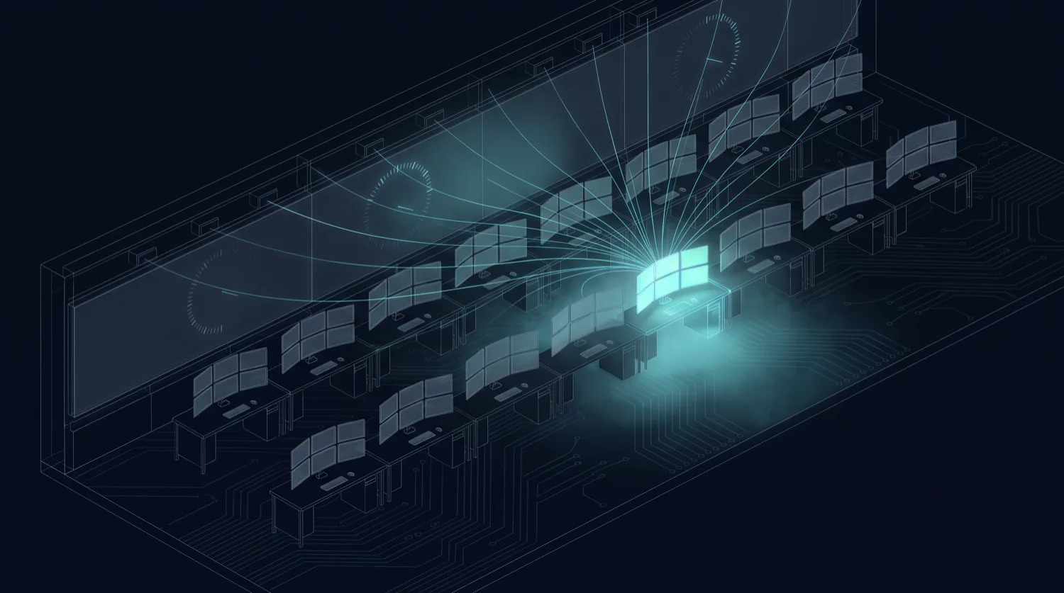 Ciemna sala operacyjna z rzędami wygaszonych ekranów i jednym stanowiskiem, na którym trwa dyżur.