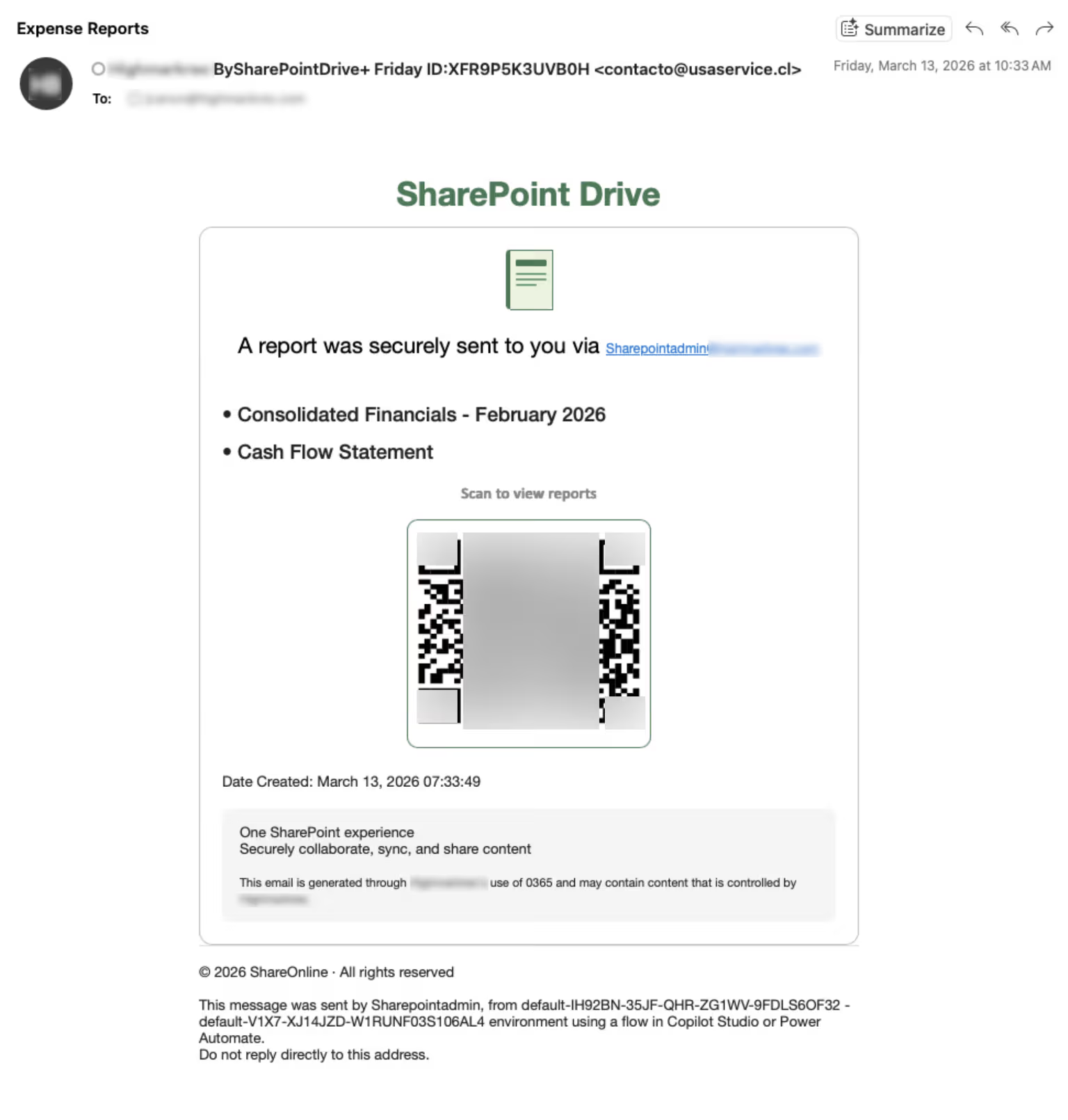 Przykład brandowanego e-maila phishingowego SharePoint z kodem QR Unicode użytego w kampanii VENOM